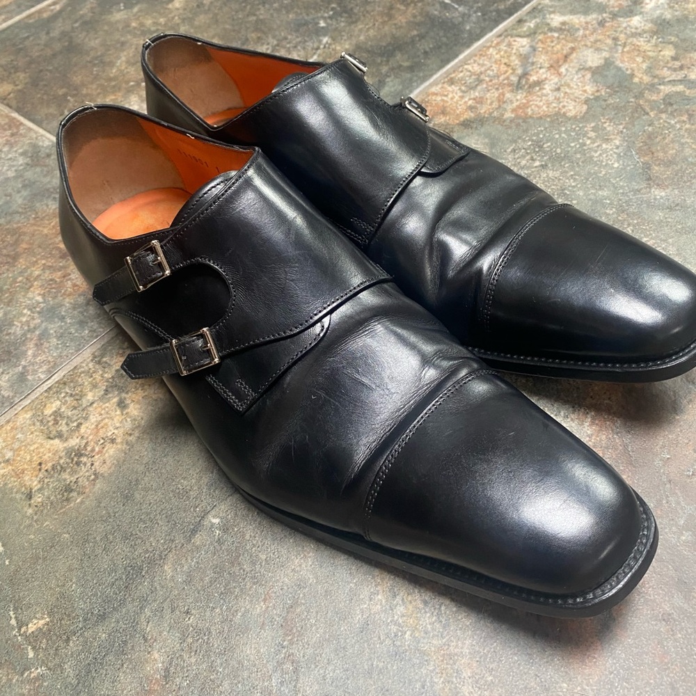Santoni Black Leather Double Monk Strap Oxfords